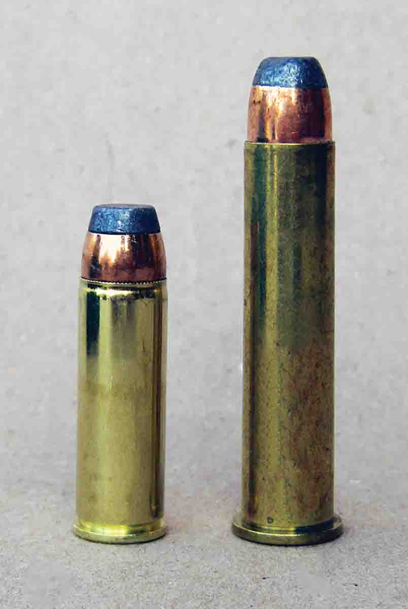 The .454 Casull (left) duplicates and even slightly exceeds standard-pressure .45-70 Government factory loads (right) when fired from a rifle.